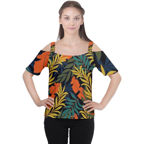 Fashionable Seamless Tropical Pattern With Bright Green Blue Plants Leaves Cutout Shoulder Tee by Wegoenart