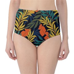 Fashionable Seamless Tropical Pattern With Bright Green Blue Plants Leaves Classic High-waist Bikini Bottoms by Wegoenart