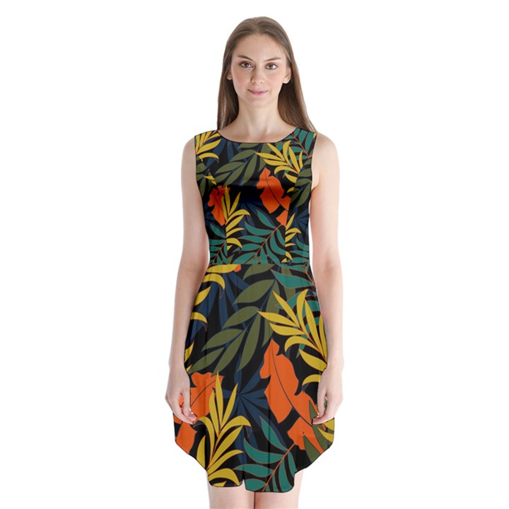 Fashionable Seamless Tropical Pattern With Bright Green Blue Plants Leaves Sleeveless Chiffon Dress  