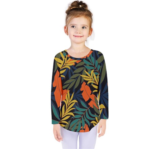 Fashionable Seamless Tropical Pattern With Bright Green Blue Plants Leaves Kids  Long Sleeve Tee by Wegoenart