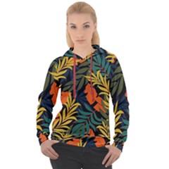 Fashionable Seamless Tropical Pattern With Bright Green Blue Plants Leaves Women s Overhead Hoodie