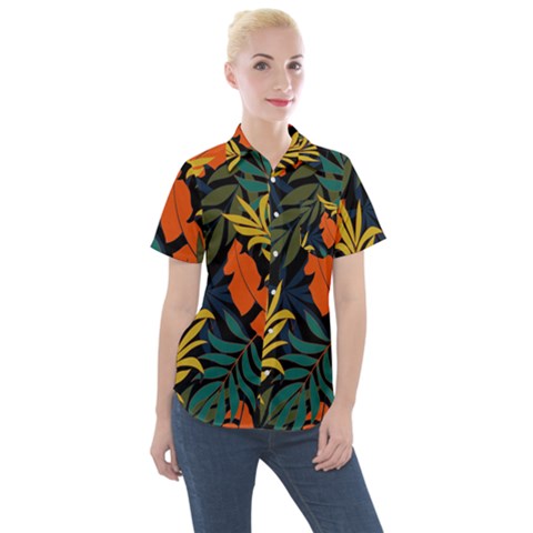 Fashionable Seamless Tropical Pattern With Bright Green Blue Plants Leaves Women s Short Sleeve Pocket Shirt by Wegoenart