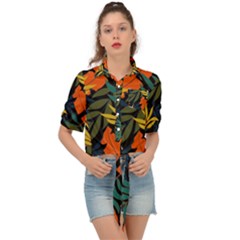 Fashionable Seamless Tropical Pattern With Bright Green Blue Plants Leaves Tie Front Shirt  by Wegoenart