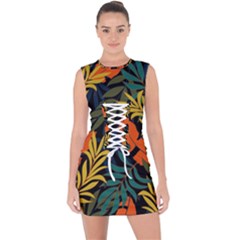 Fashionable Seamless Tropical Pattern With Bright Green Blue Plants Leaves Lace Up Front Bodycon Dress by Wegoenart