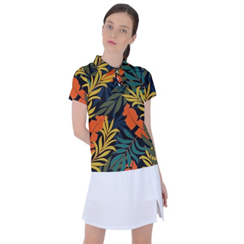 Fashionable Seamless Tropical Pattern With Bright Green Blue Plants Leaves Women s Polo Tee by Wegoenart