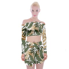 Botanical Seamless Tropical Pattern With Bright Green Yellow Plants Leaves Off Shoulder Top With Mini Skirt Set by Wegoenart