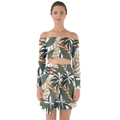 Botanical Seamless Tropical Pattern With Bright Green Yellow Plants Leaves Off Shoulder Top With Skirt Set by Wegoenart