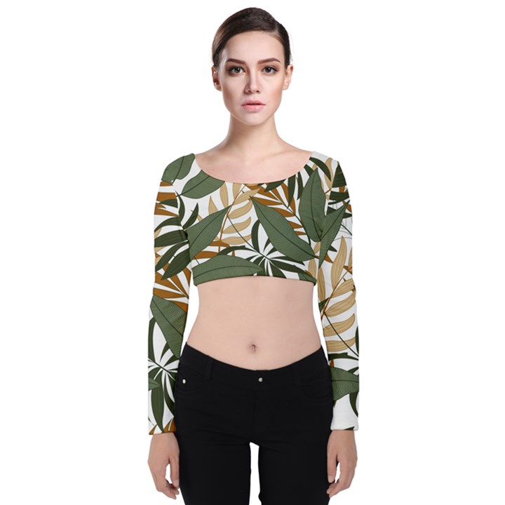 Botanical Seamless Tropical Pattern With Bright Green Yellow Plants Leaves Velvet Long Sleeve Crop Top