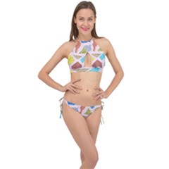 Pattern With Pieces Paper Cross Front Halter Bikini Set by Wegoenart