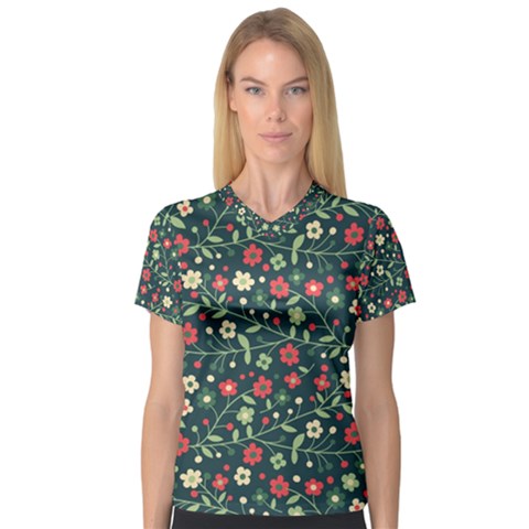 Flowering Branches Seamless Pattern V-neck Sport Mesh Tee by Wegoenart