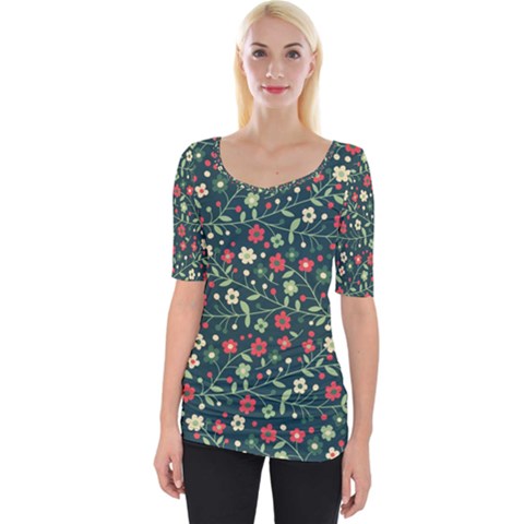 Flowering Branches Seamless Pattern Wide Neckline Tee by Wegoenart