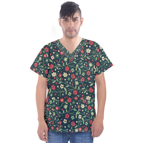 Flowering Branches Seamless Pattern Men s V-neck Scrub Top by Wegoenart