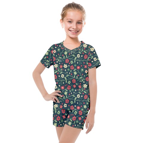 Flowering Branches Seamless Pattern Kids  Mesh Tee And Shorts Set by Wegoenart