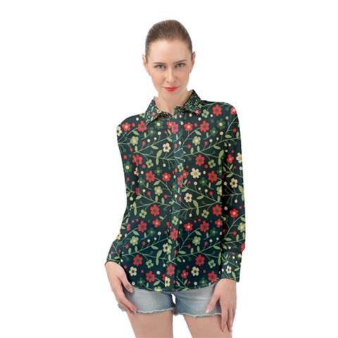 Flowering Branches Seamless Pattern Long Sleeve Chiffon Shirt by Wegoenart