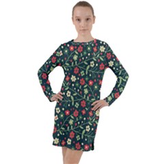 Flowering Branches Seamless Pattern Long Sleeve Hoodie Dress