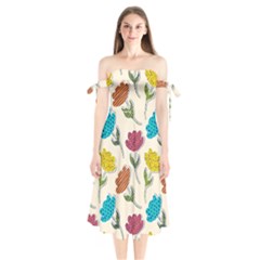 Pattern With Paper Tulips Shoulder Tie Bardot Midi Dress