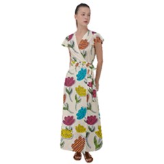 Pattern With Paper Tulips Flutter Sleeve Maxi Dress