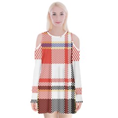 Plaid Mosaic Pixel Seamless Pattern Velvet Long Sleeve Shoulder Cutout Dress