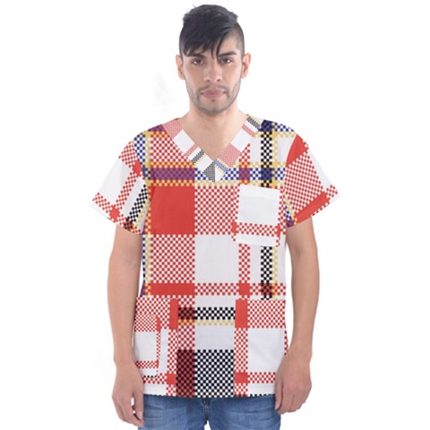 Plaid Mosaic Pixel Seamless Pattern Men s V-neck Scrub Top by Wegoenart