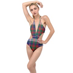 British Tartan Check Plaid Seamless Pattern Plunging Cut Out Swimsuit by Wegoenart