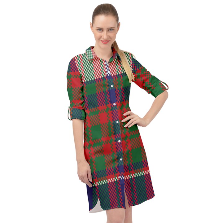 British Tartan Check Plaid Seamless Pattern Long Sleeve Mini Shirt Dress