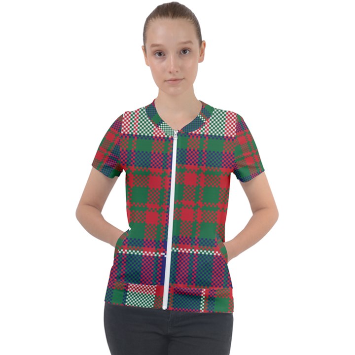 British Tartan Check Plaid Seamless Pattern Short Sleeve Zip Up Jacket