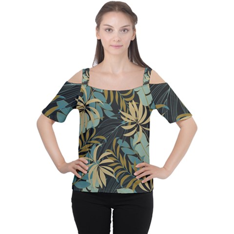 Fashionable Seamless Tropical Pattern With Bright Red Blue Plants Leaves Cutout Shoulder Tee by Wegoenart