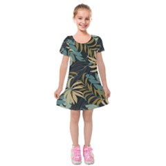 Fashionable Seamless Tropical Pattern With Bright Red Blue Plants Leaves Kids  Short Sleeve Velvet Dress