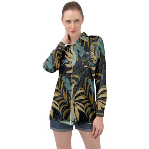 Fashionable Seamless Tropical Pattern With Bright Red Blue Plants Leaves Long Sleeve Satin Shirt by Wegoenart