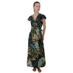 Fashionable Seamless Tropical Pattern With Bright Red Blue Plants Leaves Flutter Sleeve Maxi Dress