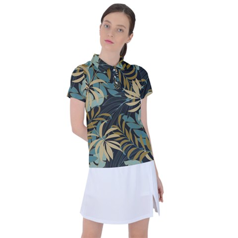 Fashionable Seamless Tropical Pattern With Bright Red Blue Plants Leaves Women s Polo Tee by Wegoenart