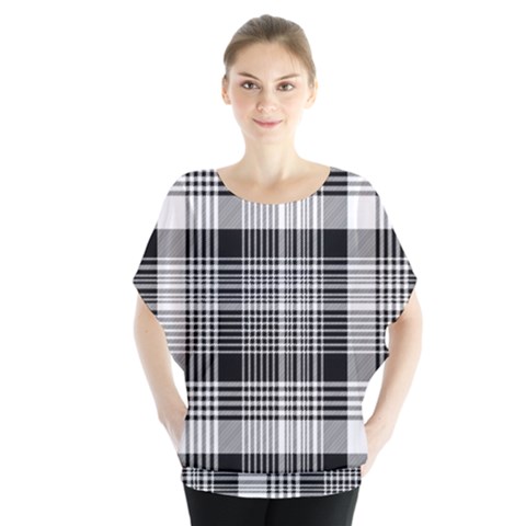 Black White Plaid Checked Seamless Pattern Batwing Chiffon Blouse by Wegoenart