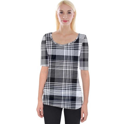 Black White Plaid Checked Seamless Pattern Wide Neckline Tee by Wegoenart