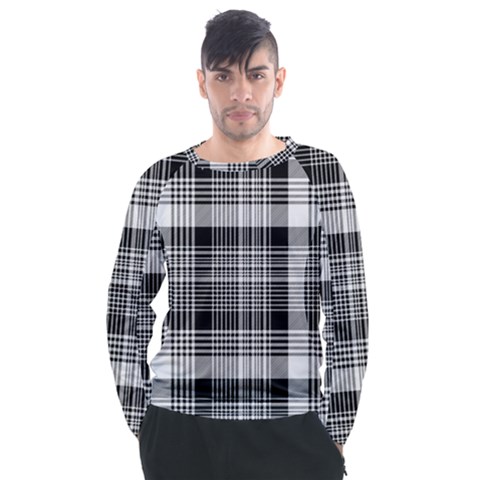 Black White Plaid Checked Seamless Pattern Men s Long Sleeve Raglan Tee by Wegoenart