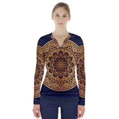 Luxury Mandala Background With Golden Arabesque Pattern Arabic Islamic East Style Premium Vector V-neck Long Sleeve Top by Wegoenart