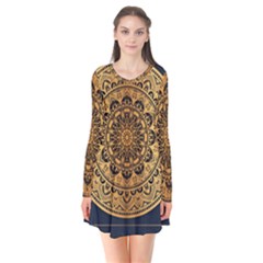 Luxury Mandala Background With Golden Arabesque Pattern Arabic Islamic East Style Premium Vector Long Sleeve V-neck Flare Dress by Wegoenart