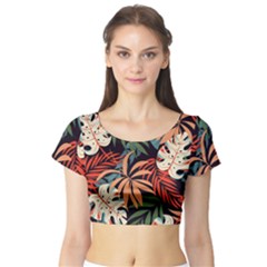 Fashionable Seamless Tropical Pattern With Bright Pink Yellow Plants Leaves Short Sleeve Crop Top by Wegoenart