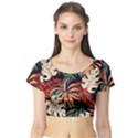 Fashionable Seamless Tropical Pattern With Bright Pink Yellow Plants Leaves Short Sleeve Crop Top View1