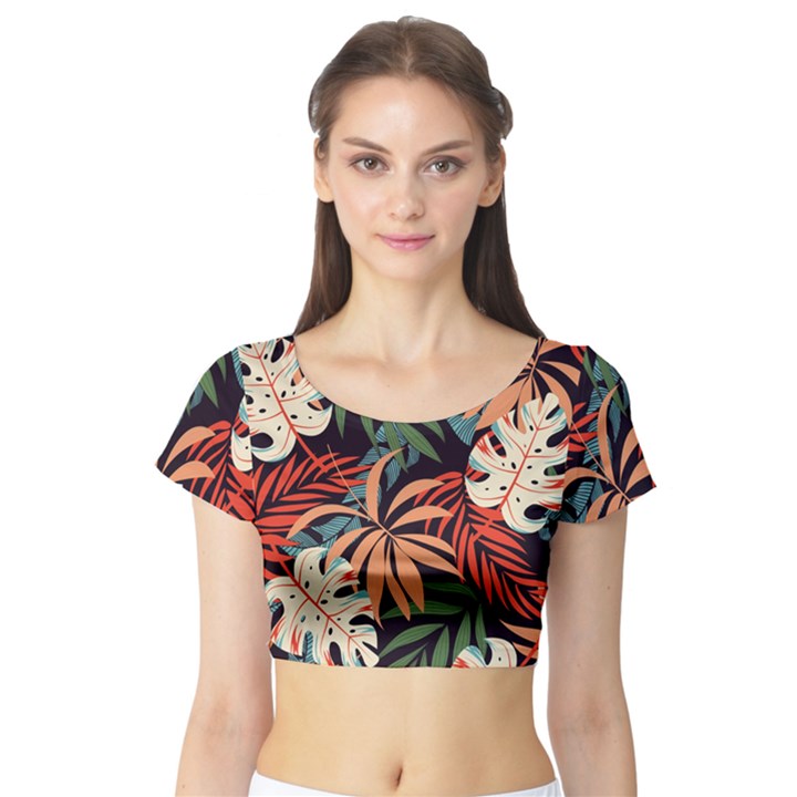 Fashionable Seamless Tropical Pattern With Bright Pink Yellow Plants Leaves Short Sleeve Crop Top