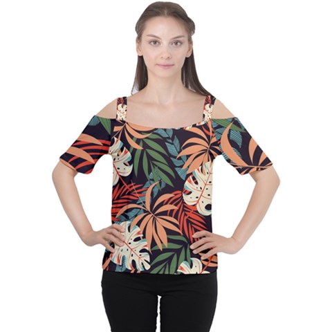 Fashionable Seamless Tropical Pattern With Bright Pink Yellow Plants Leaves Cutout Shoulder Tee by Wegoenart