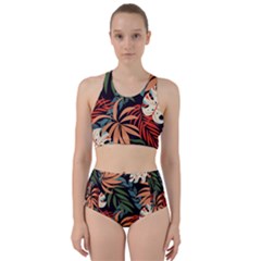 Fashionable Seamless Tropical Pattern With Bright Pink Yellow Plants Leaves Racer Back Bikini Set