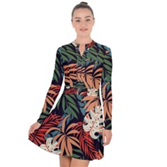 Fashionable Seamless Tropical Pattern With Bright Pink Yellow Plants Leaves Long Sleeve Panel Dress