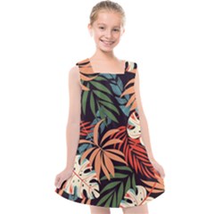 Fashionable Seamless Tropical Pattern With Bright Pink Yellow Plants Leaves Kids  Cross Back Dress