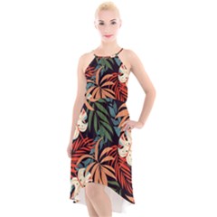 Fashionable Seamless Tropical Pattern With Bright Pink Yellow Plants Leaves High-low Halter Chiffon Dress  by Wegoenart