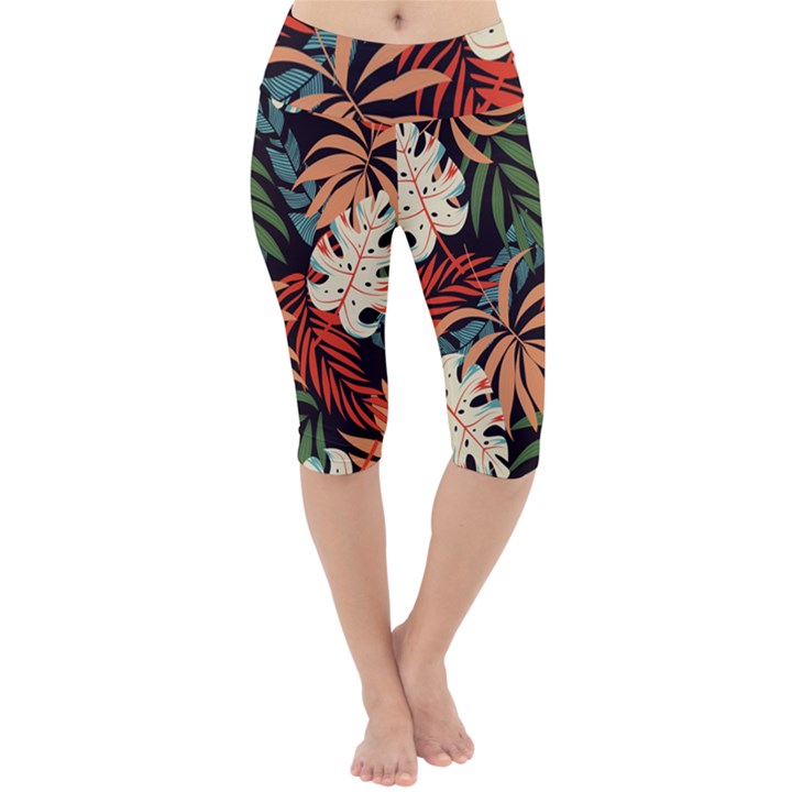 Fashionable Seamless Tropical Pattern With Bright Pink Yellow Plants Leaves Lightweight Velour Cropped Yoga Leggings