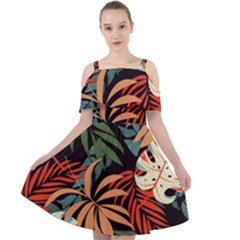 Fashionable Seamless Tropical Pattern With Bright Pink Yellow Plants Leaves Cut Out Shoulders Chiffon Dress