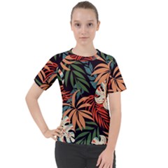 Fashionable Seamless Tropical Pattern With Bright Pink Yellow Plants Leaves Women s Sport Raglan Tee