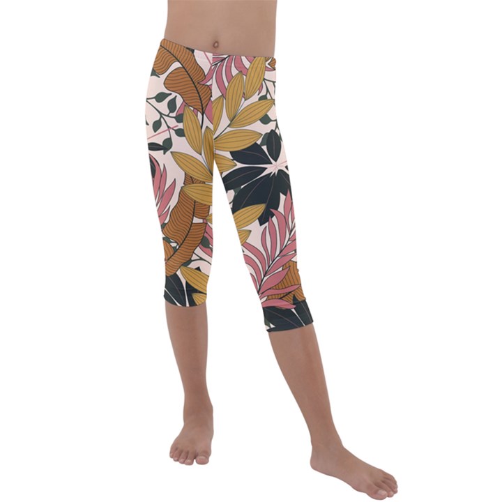 Fashionable Seamless Tropical Pattern With Bright Pink Green Flowers Kids  Lightweight Velour Capri Leggings 