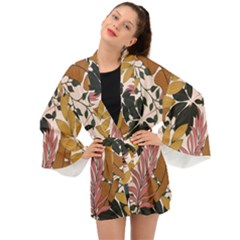 Fashionable Seamless Tropical Pattern With Bright Pink Green Flowers Long Sleeve Kimono by Wegoenart