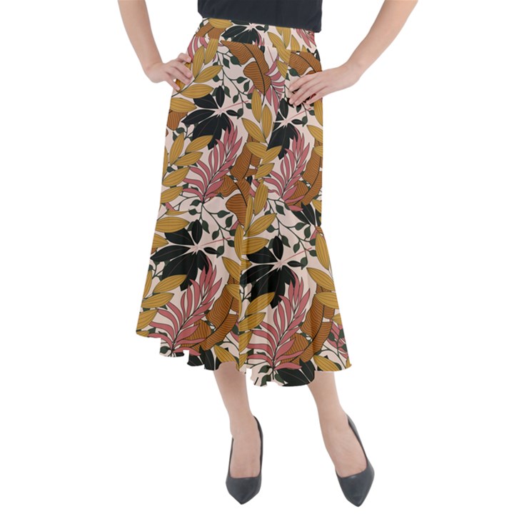 Fashionable Seamless Tropical Pattern With Bright Pink Green Flowers Midi Mermaid Skirt